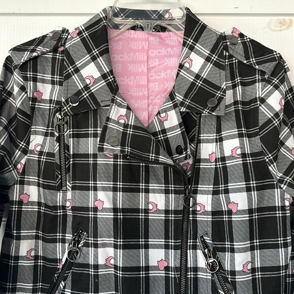 BlackMilk Tartan Heart Moto Jack Women's Size 12 Black Pink Plaid Biker NEW - Picture 3 of 16